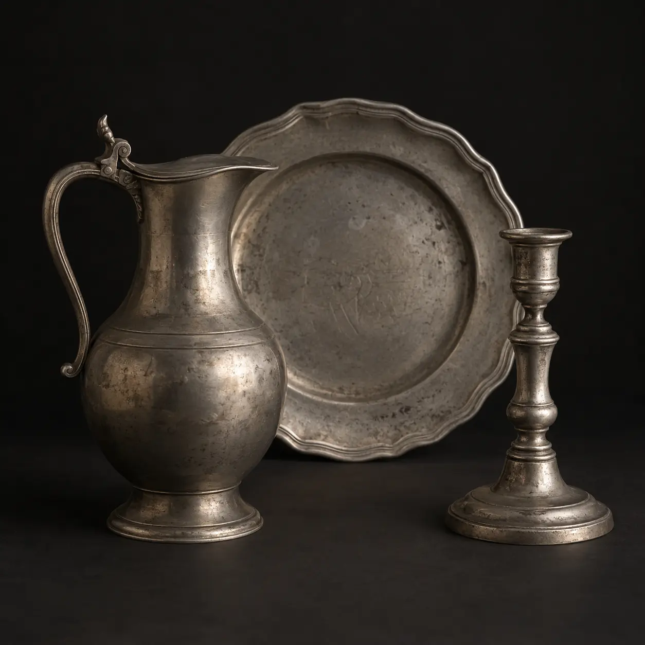Pichet, plat et bougeoir anciens en étain