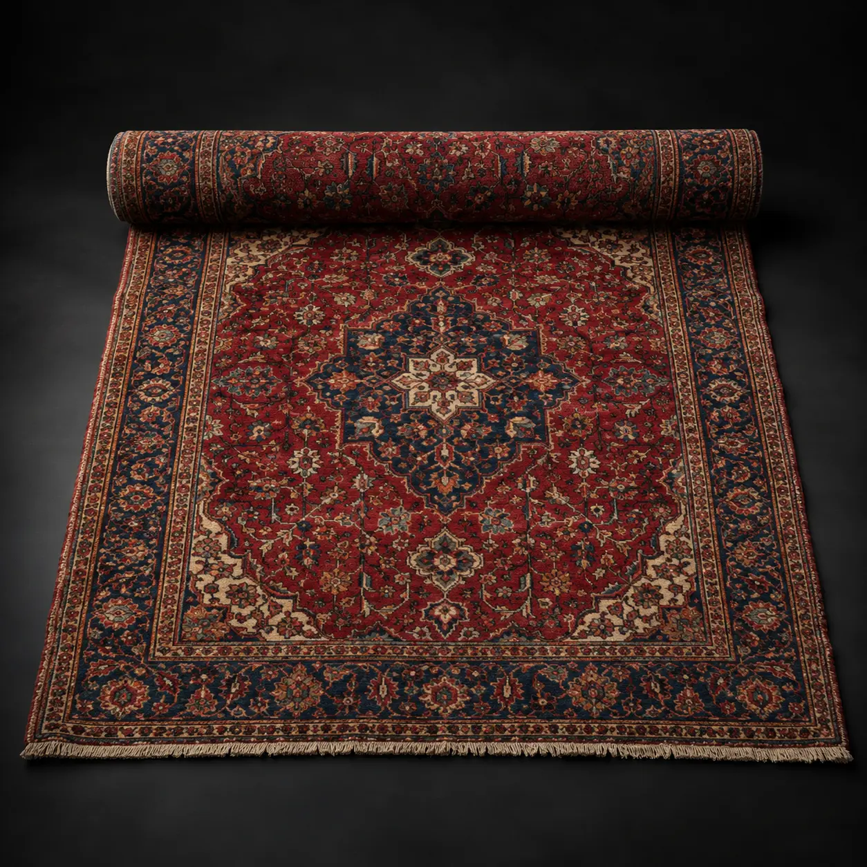 Tapis ancien aux motifs rouges et bleu nuit